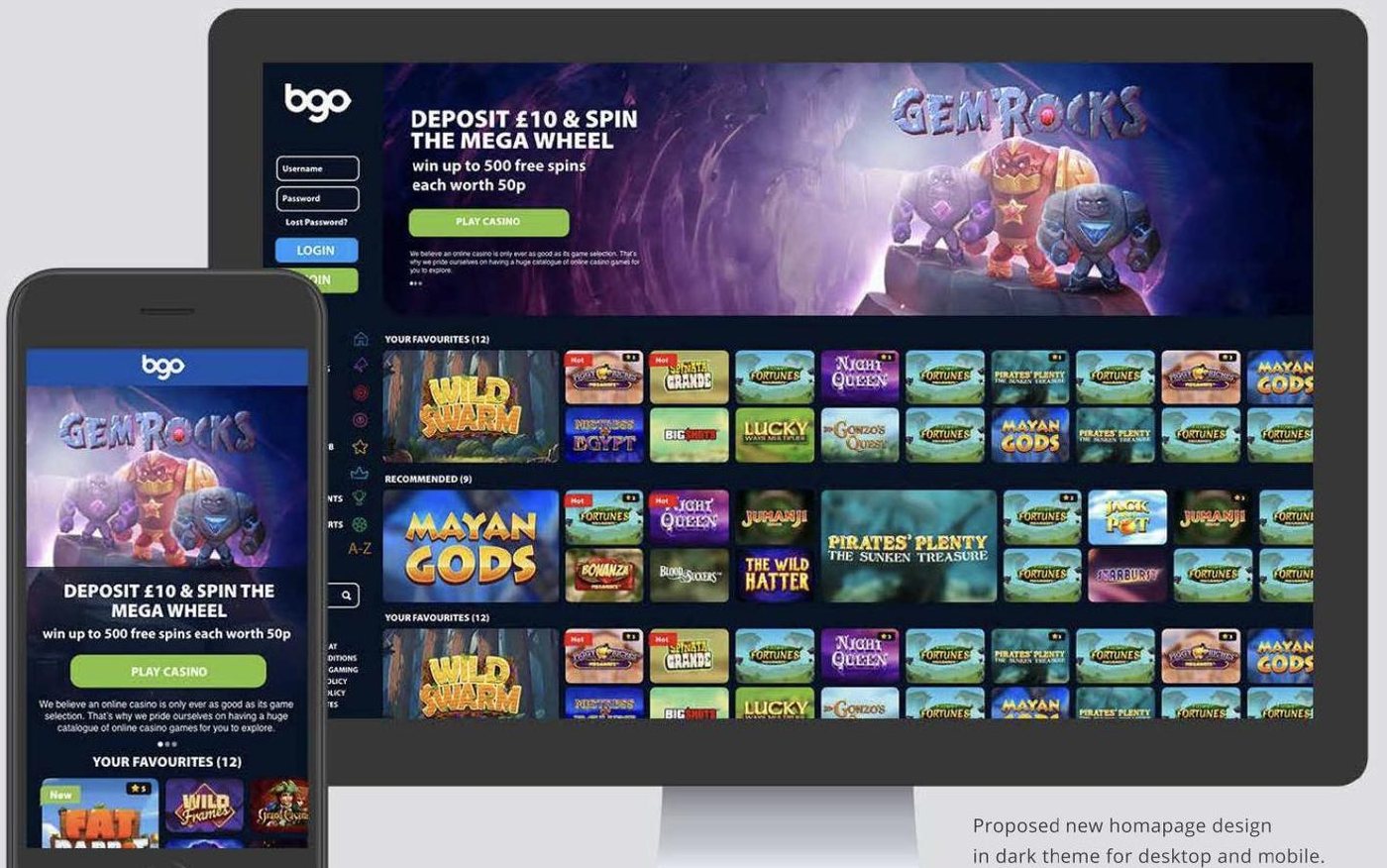 BGO dark-theme homepage on desktop and mobile