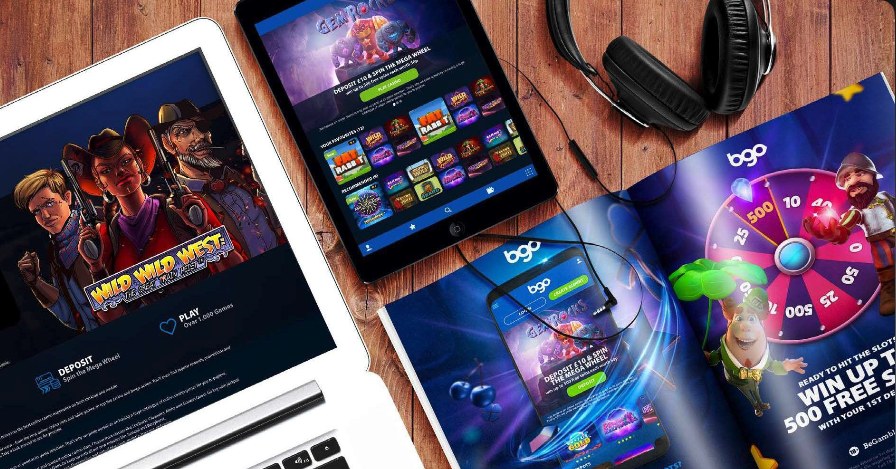 BGO rebrand shown on laptop, tablet and a printed mailer