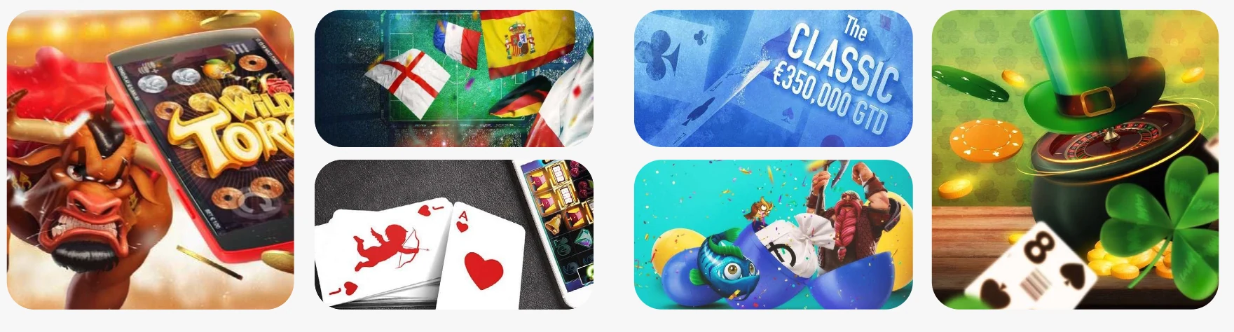 Betsson promotional artwork: Wild Toro slot, football flags, The Classic poker tournament, Easter and St Patrick's promos