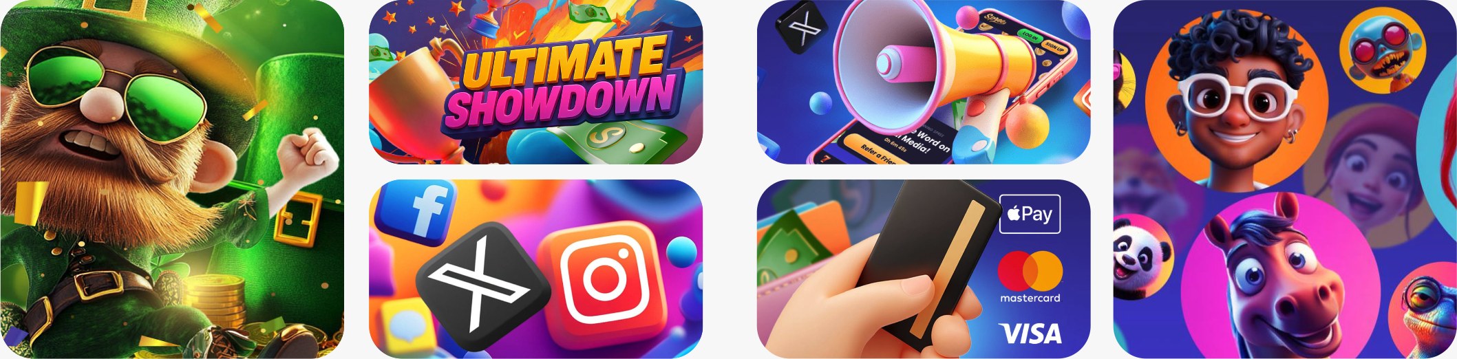 Spree promo tiles: leprechaun, Ultimate Showdown, social media, refer a friend, payments and avatars