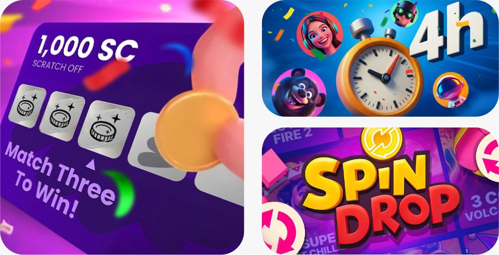 Spree promo tiles: 1,000 SC scratch-off, 4-hour timer and Spin Drop