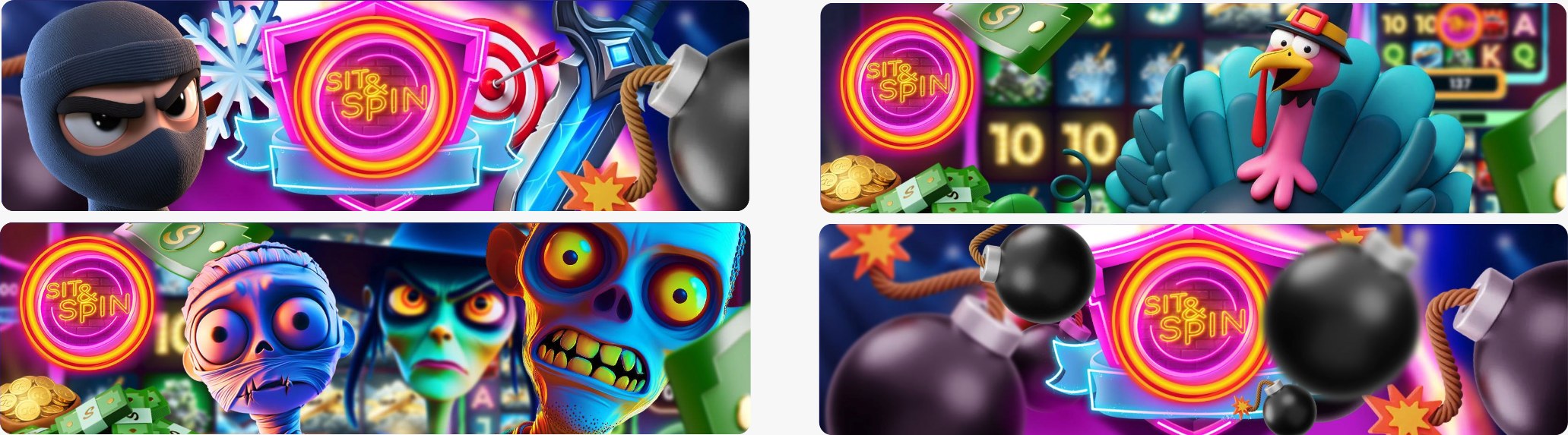 Four Sit and Spin promotional banners with ninja, turkey, zombie and bomb characters