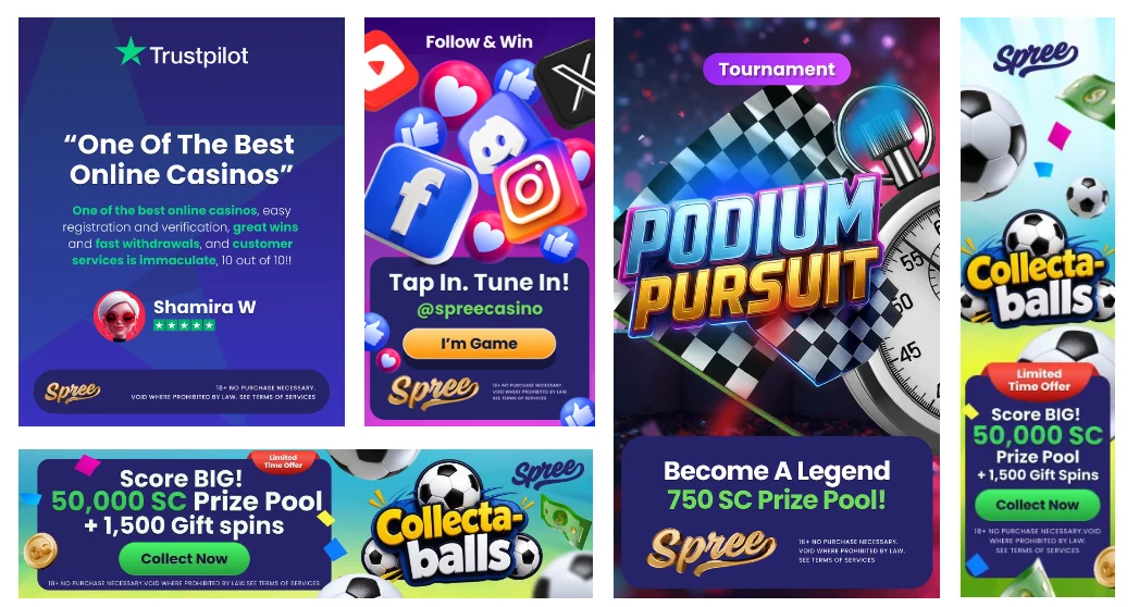 Spree display ads: Trustpilot review, Follow and Win, Podium Pursuit tournament and Collecta-balls offers
